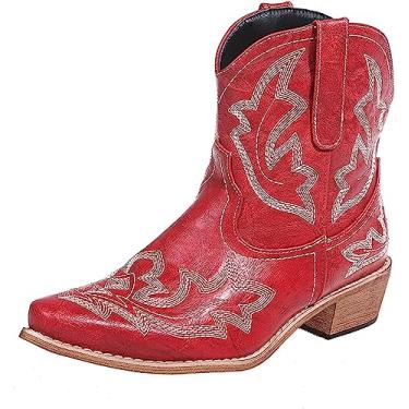 Imagem de Botas femininas de cano baixo, salto baixo, botas ocidentais grossas, sem cadarço, bico fino, salto médio, para senhoras, Vermelho, 41 BR