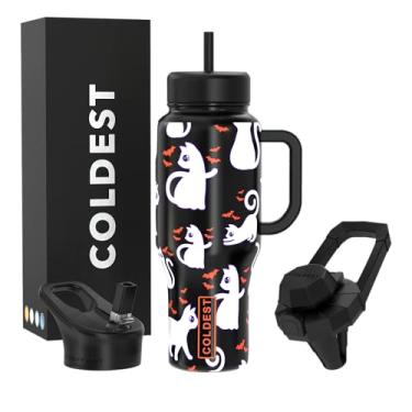 Imagem de Copo Coldest com alça e canudo, copo isolado 100% à prova de vazamento com tampa e canudo (3 tampas), copos de aço inoxidável para mulheres e homens, base compatível com porta-copos, 1,020 g (morcegos