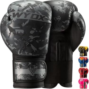 Imagem de WYOX luvas de boxe infantil | Luvas de pancada | Luvas de treinamento para meninos e meninas | Kickboxing, Muay Thai e MMA com alças de pulso para saco de pancadas (Camuflagem cinza, 8 oz)