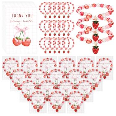 Imagem de Quelay 25 conjuntos de pulseiras de morango para presente com cartões de agradecimento, lembrancinha de festa temática de morango, decoração de festa para mulheres, damas de honra, chá de bebê