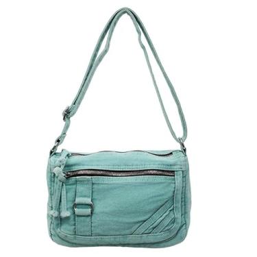 Imagem de Bolsa tiracolo casual jeans, verde menta, design com vários bolsos, formato quadrado moderno, alça ajustável, estilo verão