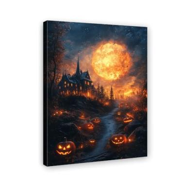 Imagem de Pintura de parede de Halloween Impressão em tela amigável de castelo enevoado - decoração de parede engraçada céu estrelado abóbora para crianças pôster de Halloween (emoldurado/sem moldura) (arte 7 x