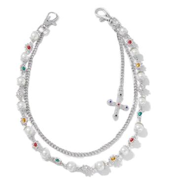 Imagem de NREDXOON Corrente de jeans Y2K prateada - calça conversível em camadas e corrente carteira com flor de cristal e pingente de cruz barroca para mulheres e meninas (prata)