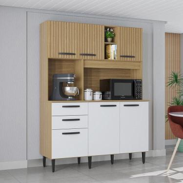 Imagem de Cozinha Compacta Flavia 6 Portas 1 Gaveta Poquema Damasco/ripado/offwhite