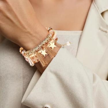 Imagem de Pulseira elástica Boho com contas coloridas empilháveis de contas de cristal modernas bijuterias presentes para mulheres, F, Aço inoxidável, Sem Pedra Preciosa