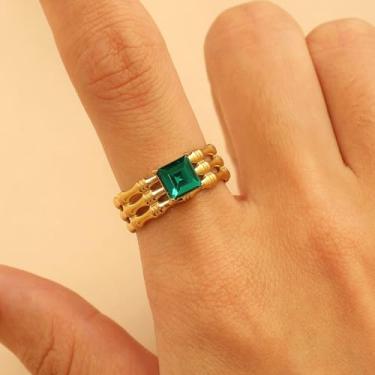 Imagem de 1 anel de punho verde de aço inoxidável, anéis abertos empilháveis com vidro para mulheres, joias personalizadas, Aço inoxidável, Sem pedra preciosa