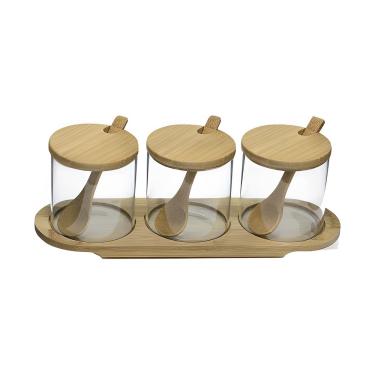 Imagem de Jogo 3 Potes de Vidro C/ Tampa, Colher e Suporte em Bambu