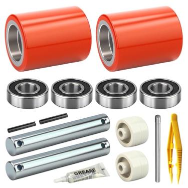 Imagem de GASHER Conjunto de volantes de paletes/caminhões com eixo, rolo de carga frontal 7,6 cm x 9,5 cm par com rolamentos, substituição de rodas de palete para a maioria dos macacos de paletes manuais