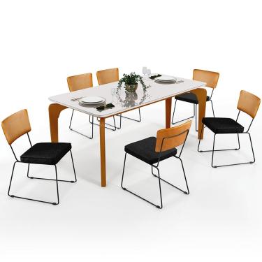 Imagem de Mesa Capri 160cm Off White Com 6 Cadeiras Allana B05 Couríssimo Whisky Linho Chumbo - Lyam Decor