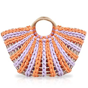 Imagem de QTKJ Bolsa de praia feminina, bolsa de palha de verão, bolsa colorida de meio círculo, design recortado, sem forro, bolsa grande adequada para viagem e festa de trabalho (laranja), Laranja