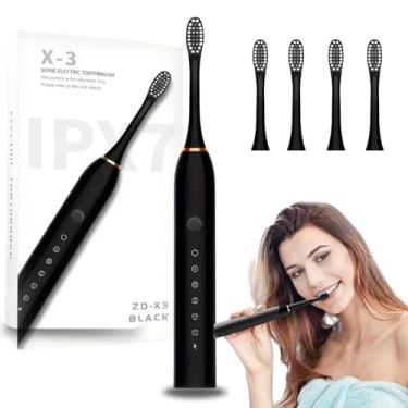 Imagem de Escova de Dente Elétrica Sônica Recarregável USB com 4 Refis – 6 Modos de Limpeza, IPX7 à Prova D’Água, Cerdas Macias, Preto