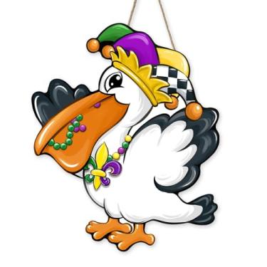 Imagem de Bolisom Placa de porta da frente de pássaro pelicano Mardi Gras, cabide de madeira de carnaval de Nova Orleans, decoração de casa, decoração de casa, flor-de-lis, guirlanda de madeira, decoração de