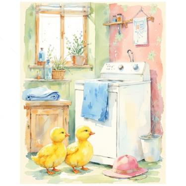 Imagem de TAOPAOLAB Kit de pintura por números para máquina de lavar para adultos – Patinhos DIY em pé na lavanderia, pintura sobre tela, 40,6 x 50 cm, conjunto de tinta acrílica emoldurada para iniciantes