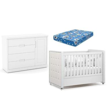 Imagem de Berço Americano Com Capitonê New Boucle E Cômoda Infantil Tutto New Branco Acetinado E Colchão Ortobom - Matic