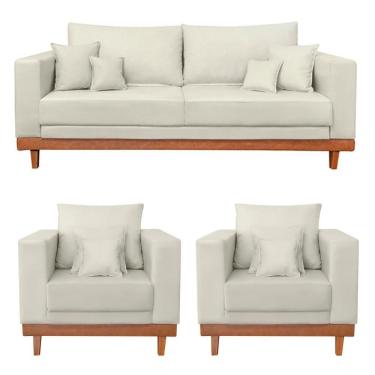 Imagem de Kit 2 Poltronas Living + Sofá 2 Lugares Com Base Madeira Suede Bege
