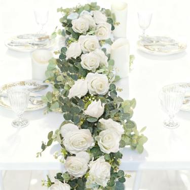 Imagem de QuarenDen Guirlanda artificial de eucalipto de 1,8 m com flores, videira de rosa falsa, guirlanda de vegetação floral sintética para mesa de centro de mesa, festa de casamento, decoração de arco de