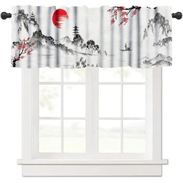 Imagem de Saia de cortina asiática vintage, ramo de flor de ameixa vermelha, japonês, chinês, oriental, sol, montanhas enevoadas, tratamento de janela, para casa de fazenda, casa, sala de jantar, cozinha, 137 x