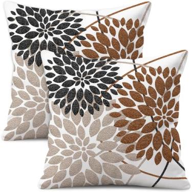 Imagem de WitHero Conjunto de 2 capas de almofada decorativas, frente e verso, 40,6 x 40,6 cm, linho branco, marrom, caramelo, preto, fazenda, interior, exterior, moderno, floral, dália, flores, capa de