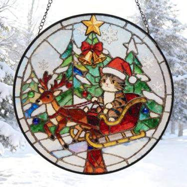 Imagem de Janela de vitral de trenó de gato de Natal dupla face, painel coletor de sol de 20 cm, arte de parede de planta verde para casa e jardim, presente exclusivo para mulheres e homens