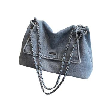 Imagem de SweatyRocks Bolsa de ombro feminina jeans nas axilas Y2k com fecho de aba e alça de corrente, Azul, one_size, Macio