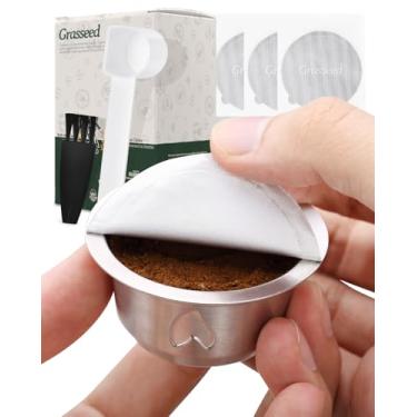 Imagem de Grasseed Cápsula Vertuo recarregável, kit de cápsulas Vertuo de aço inoxidável reutilizável com 100 tampas de alumínio, colher, escova, fermentação de 221 g - Compatível com máquina Vertuoline