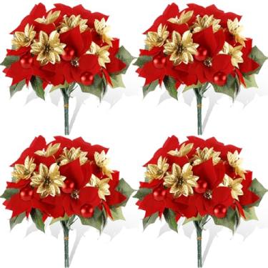 Imagem de Riceshoot 4 buquê de poinsétia de veludo de Natal, 42 cm, flor artificial de poinsétia com arbusto de eucalipto, arranjo de flores de inverno para vaso de mesa, centro de mesa, decoração de cemitério