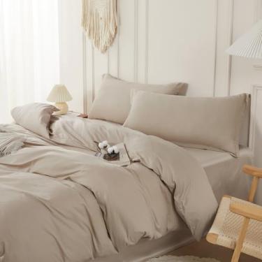 Imagem de SAPHREAS Conjunto de capa de edredom Queen Size 100% algodão orgânico, capa de edredom macia com fecho de zíper e laços de canto, edredom não incluído, bege