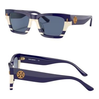 Imagem de Tory Burch TY7169U Óculos de sol retangulares com kit de óculos de luxo eSHADES, Listras Vintage Marfim Marfim | Azul Marinho Sólido | 52 mm, 52
