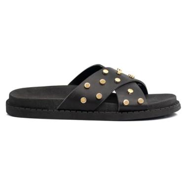 Imagem de Sandalia Casual Papete Feminina Flat Enfeite Metal Brilho Metalizado Plataforma Flatform (PRETO, BR, Adulto, Numérico, 35)