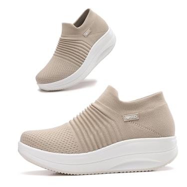 Imagem de Oude Mocassins plataforma para mulheres confortáveis | Tênis feminino sem cadarço leve | Sapatos femininos de caminhada que trabalham longas horas | Parte inferior grossa de balanço, Bege 92327, 34