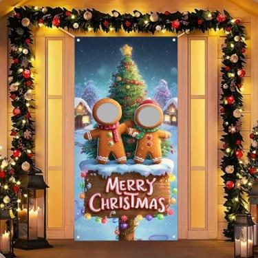 Imagem de HOMETITUTE Pano de fundo para porta de casal de pão de gengibre de Natal 89 x 180 cm Fundo de árvore de Natal Banner Decorações de festa suprimentos de fotografia