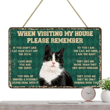 Imagem de Shakven Placa de boas-vindas para gatos, placa para pendurar gatos de café | Sinal de gato preto decorativo retrô de parede,Sinal de suspensão de, decoração de gato para porta de cozinha para amantes