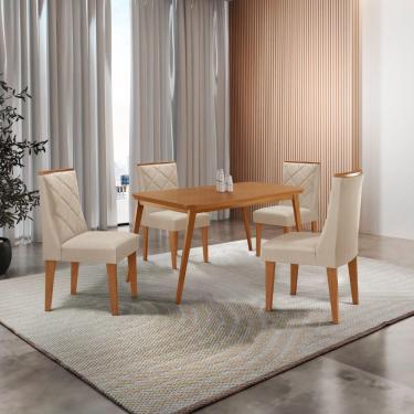 Imagem de Mesa De Jantar Copper 120cm Tampo Mdf 4 Cadeiras Moderna Veludo Creme/naturalle/naturalle