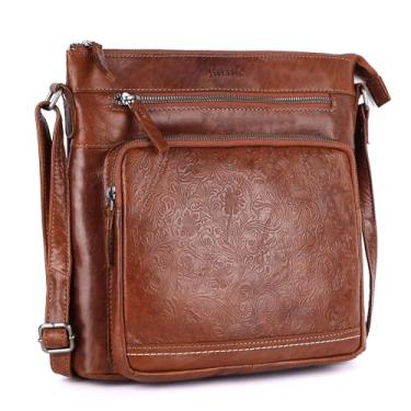 Imagem de LEDERBUCK Olga Bolsa tiracolo feminina extragrande de couro legítimo – Bolsa de ombro macia com zíper triplo, Estampa de conhaque, Bolsa tiracolo