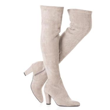 Imagem de N.N.G Botas femininas acima do joelho, camurça sintética, salto agulha de 7,6 cm, zíper lateral, preta, pedra, bico amendoado para festa, noite, escritório, Pedra, 37