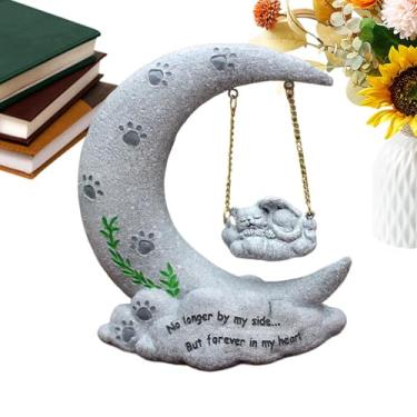 Imagem de Pedra de jardim de lembrança de gato - Estátua de simpatia em memória de gato anjo e lua, marcador de túmulo de resina para animais de estimação para quintal, gramado, jardim