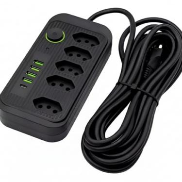 Imagem de Extensão Tomada, Régua Tomada, Régua de Energia, 5 Tomadas, 4 Interfaces USB, 1 Porta USB Tipo-C, Cabo de Alimentação de 1,9 metros, Suporte a Tensão de 110-220V, Potência de 2500W (Preto)