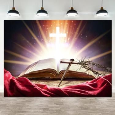Imagem de ASDCXZ 2,4 x 1,8 m crucifixo bíblico fundo fotográfico cruz cristã Jesus Cristo coroa de espinhos livro aberto igreja eventos banner decorações Páscoa retrato religioso cabine de fotos adereço