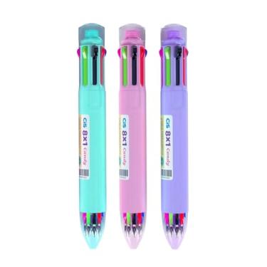 Imagem de Kit 3 Canetas Esferográficas Ponta Retrátil CiS 8 em 1 Candy Conjunto Escolar Colorido Pastel