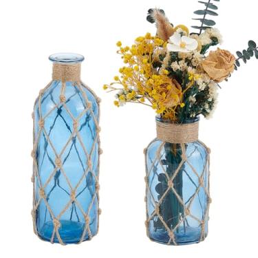 Imagem de OLYCRAFT 2 peças, 2 estilos, vaso de flores costeiras com corda para embrulhar garrafa decorativa de praia, pequenos vasos de vidro para flores, vasos de decoração náutica para mesa de casamento e