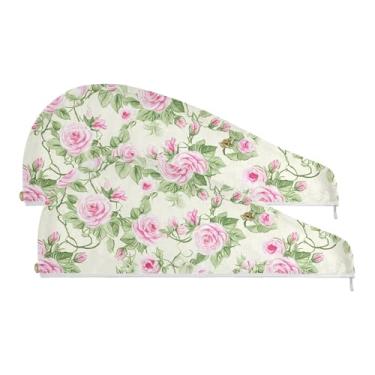 Imagem de SEHANY Toalha de cabelo de microfibra Elegant Roses para mulheres, 2 peças, turbantes de cabelo de secagem rápida com botão, touca de cabelo seco absorvente toalha de secagem de cabelo para cabelos