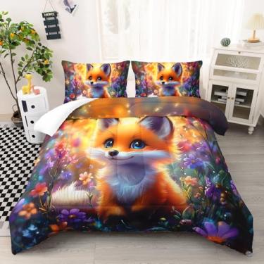 Imagem de AILONEN Conjunto de edredom kawaii, raposa, desenho queen, para crianças, meninas, meninos, animais fofos e plantas, flores, 3 peças, 1 colcha + 2 fronhas, macio e respirável