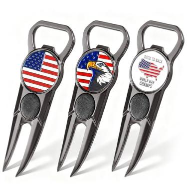 Imagem de Amy Sport Marcadores de bola premium Golf Divot Repair Tool com clipe de cinto, pacote com 3, suporte de taco de couro 7 em 1, abridor de garrafa, limpador de ranhura de clube, guia de alinhamento de