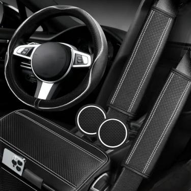 Imagem de NBTEPEM Conjunto de capas de volante de carro com 6 peças, capas de volante de couro de microfibra universais de 14,5 a 15 polegadas, capa de console central, almofada de cinto de segurança