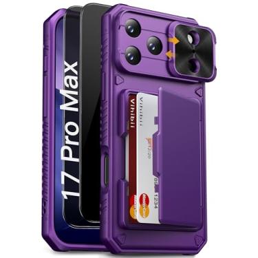 Imagem de Vihibii Capa para iPhone 17 Pro Max com [2 protetores de tela de privacidade], suporte de cartão embutido (4 cartões), [bloqueio RFID] e capa de lente deslizante e filme de vidro temperado, capa