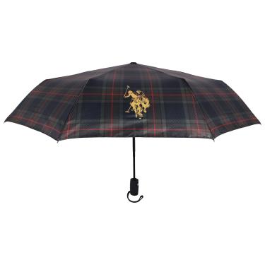 Imagem de U.S. Polo Assn. Guarda-chuva automático compacto, guarda-chuva dobrável de viagem com alça de pulso e manga de armazenamento, preto/marrom