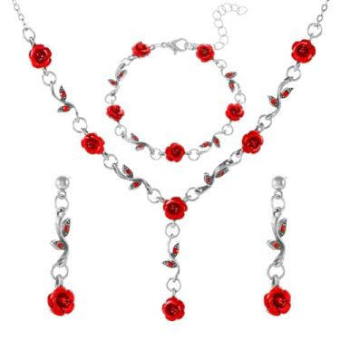 Imagem de RLHRNDE Conjunto de 3 peças de joias de rosa vermelha para mulheres, moda elegante, colar com pingente de flor, pulseira, brincos, casamento, dia dos namorados, festa de aniversário, joias para