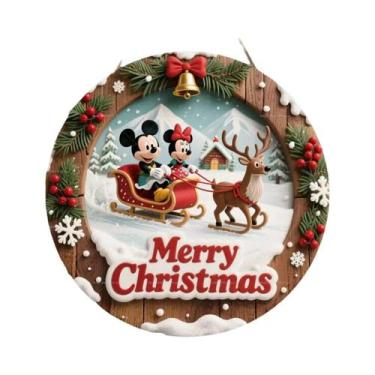 Imagem de Feliz Natal Disney Mickey Minnie Placa Redonda Personalizada De Madeir
