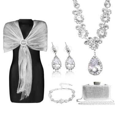 Imagem de Eorbow Pacote com 5 conjuntos de joias de strass para mulheres, xales brilhantes e envoltórios com fivela para vestidos formais, brincos, colar, pulseira, bolsas de noite para festa de casamento, dama