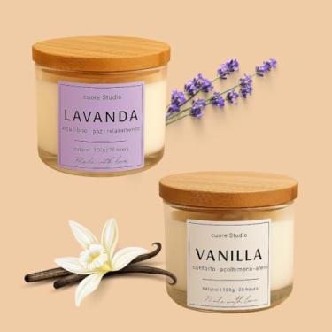 Imagem de Cuore Studio Vela Aromática Perfumada Natural, Kit com 2, Chá Branco, Vanilla, Baunilha, Alecrim, Lavanda, Capim Limão, Bamboo, Cereja e Avelã, Jasmim, 100g cada (Lavanda e Vanilla)